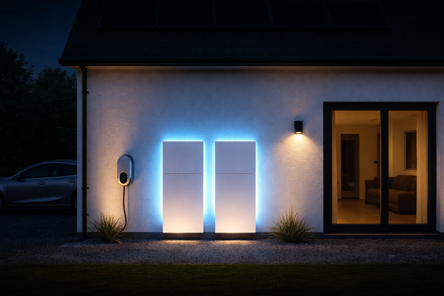 Tesla Powerwalls with glowing blue accent lights at night